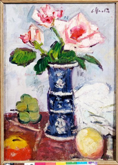 Pink Roses in a Chinese Blue and White Gu-shaped Vase by George Leslie Hunter