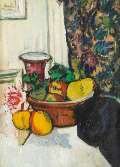 Still Life With Fruit and Pink Rose by George Leslie Hunter