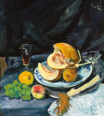 Still Life with Cut Melon, Glass and Fan by George Leslie Hunter