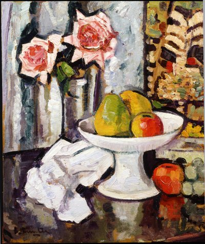 Still Life with Bowl of Fruit and a Vase of Pink Roses by George Leslie Hunter