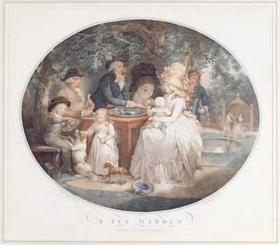A Tea Garden, colour stipple engraving after Morland by Francois David Saron by George Morland