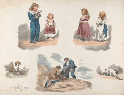 Set of Five: Studies of Children, a Dog, a Cat, etc. by George Morland