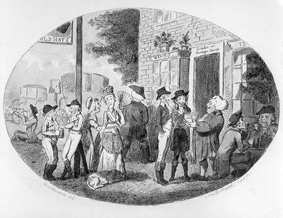 Outside the Old Hats Tavern, engraved by Isaac Cruikshank by George Moutard Woodward