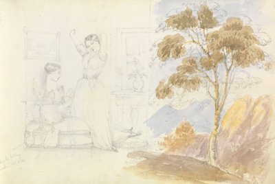 Sketch of two young women, one sitting and reading the other stretching and yawning (drawn by Lord Bury) with a drawing of a tree alongside by George Pechell Mends