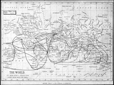 Map of the World Showing Sailing Routes and Telegraph Cables by George Philip and Son Ltd
