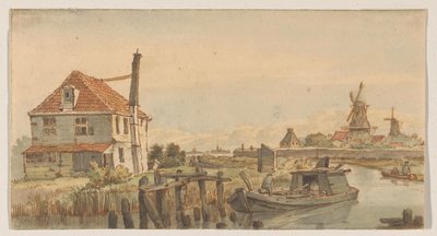 Canal with a Boat, a House, and Two Windmills by George Pieter Westenberg