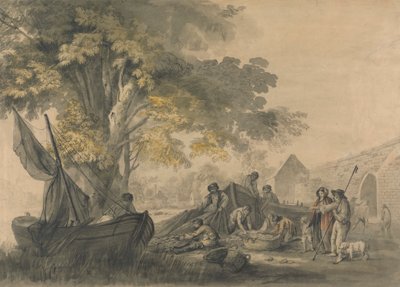 Boats, Fishermen and Peasants near a Weir by George Robertson