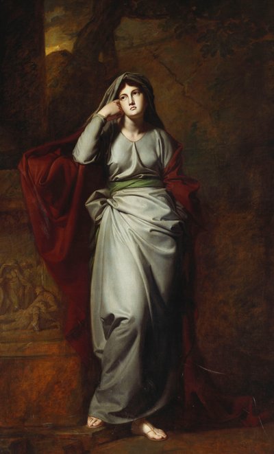 Il Penseroso, or Melancholy: A Female Figure, Full Length, Wearing Pale Green Robes, Standing in a Landscape, Resting Her Left Elbow on a Pedestal Bearing a Classical Frieze by George Romney