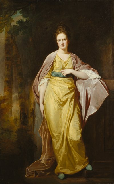 Portrait of Mrs. Ellen Morewood, Standing Full Length, in a Yellow Dress, Blue Sash and Mauve Wrap, Leaning Her Left Arm on a Pedestal by George Romney
