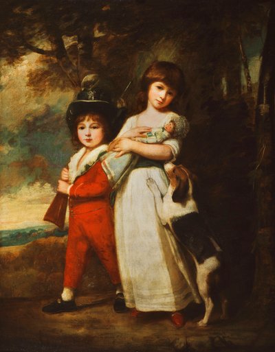 Portrait of the Vernon Children, the Little Girl Standing Full Length in a White Dress Tied with a Blue Sash, Holding a Doll, the Little Boy in a Red Jacket and Breeches, a White Shirt and Dark Green Hat, Holding a Gun, with a Dog Beside Them, in a Wooded  by George Romney