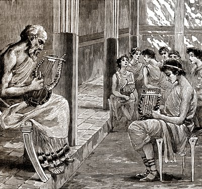 A school in ancient Greece: the teacher teaches the pupils to play the lyre by George Roux