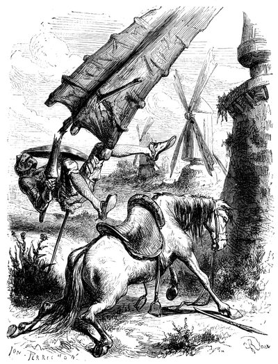 Battle against the mills: Don Quixote and Rossinante are thrown to the ground by the wing of a mill by George Roux