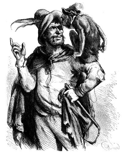 Illustration by George Roux for the Don Quixote of Cervantes: Master Peter and his monkey by George Roux