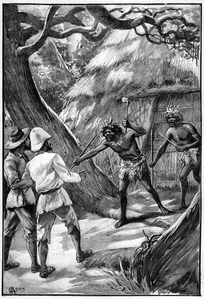 Illustration by George Roux for the Book by Jules Verne The Aerien Village, Hetzel Edition/Extraordinary Voyages, Known and Unknown Worlds. Two Wagdiss Sentinels Threaten Explorers with Their Branched Weapons by George Roux