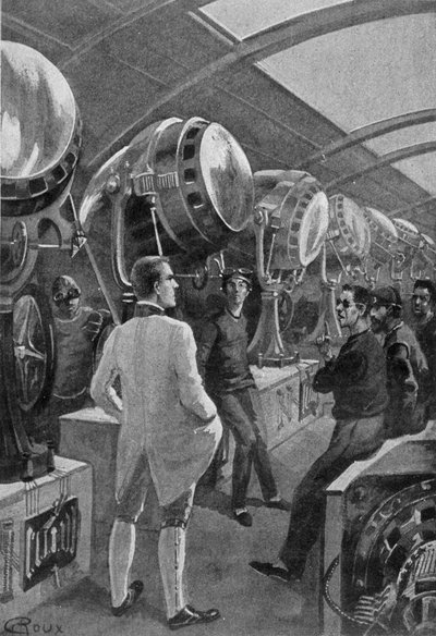 Mechanics in front of their machines, drawing by Roux in 