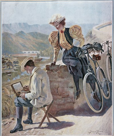 Watercolour and Cycling - Lithography by Georges Roux, circa 1900 by George Roux