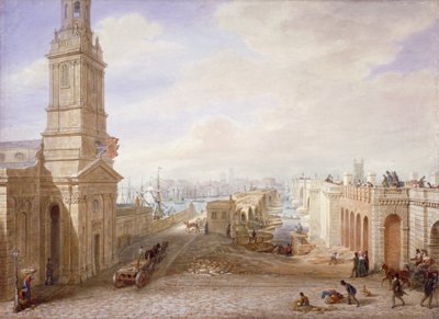 Old and new London Bridges looking south, London by George Scharf
