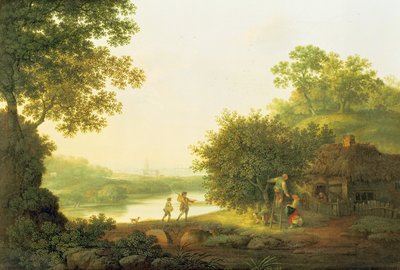 Applepickers, by a Cottage in a Wooded Landscape with Chichester Beyond by George Smith
