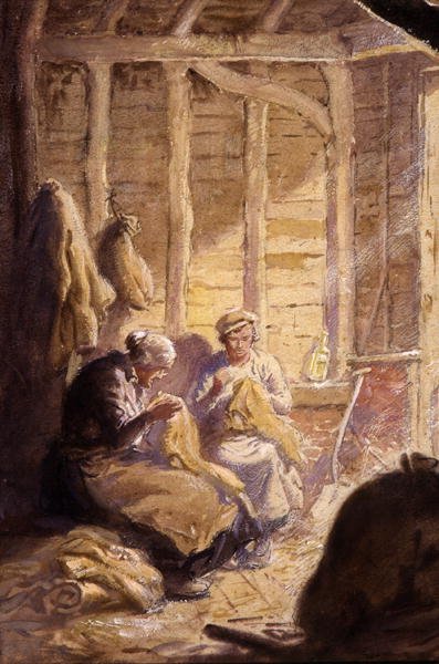 Sewing Sacks in the Barn by George Soper