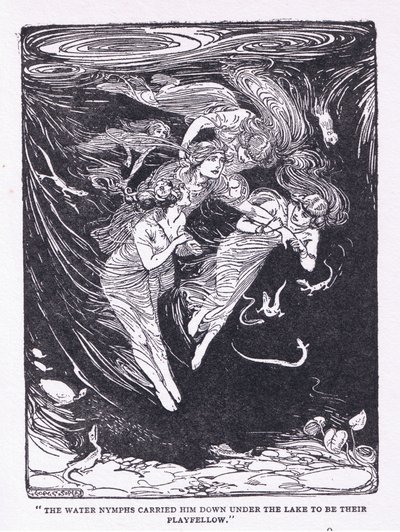 The water nymphs carried him down the lake to their playfellow, from The Heroes published by George Allen and Unwin 1929 by George Soper