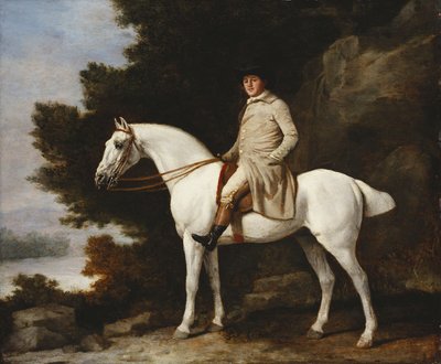 A Gentleman on a Grey Horse in a Rocky Wooded Landscape by George Stubbs