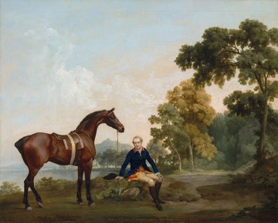 James Hamilton, 2nd Earl of Clanbrassil, with his bay hunter Mowbray, resting on a wooded path by a lake by George Stubbs