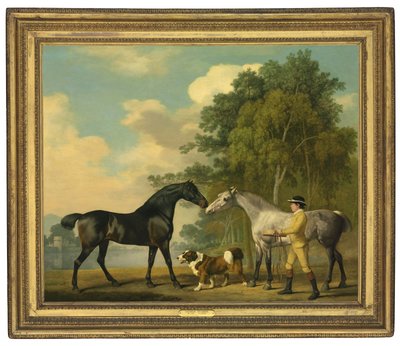 Two Hunters with a Young Groom and a Dog by a Lake by George Stubbs