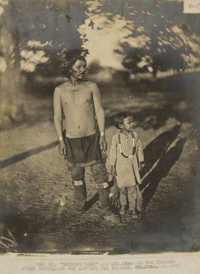 Hon. Mr. Growing Horn and Son. (Sac and Fox Indian) Chief Counselor for Sac and Fox Indian, Oklahoma, in 1873 by George W. Ingalls