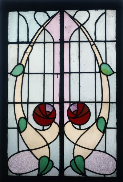 A stained glass panel depicting stylised roses by George Walton