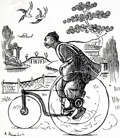 A cartoon depicting a Chinese man riding a tricycle through a park in China by George du Maurier