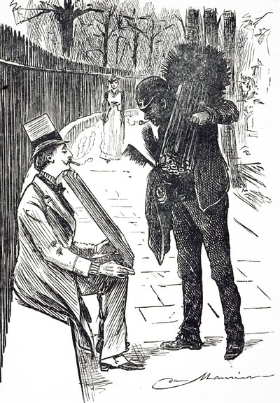 A chimney sweep carrying his brushes through the streets of London by George du Maurier