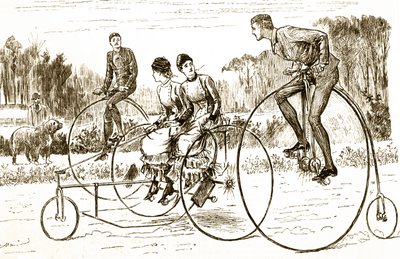 A cartoon depicting a group of young people riding tricycles by George du Maurier