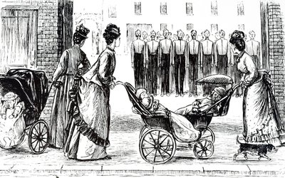 An Engraving Depicting Nursemaids Wheeling Children in Perambulations. Illustrated by George du Maurier by George du Maurier