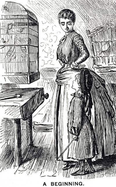 Cartoon commenting on the popularity of caged birds in Britain by George du Maurier
