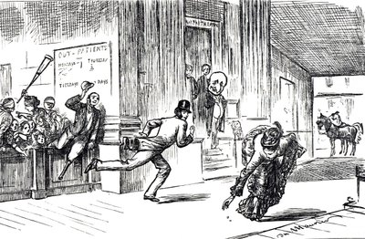 Cartoon depicting Doctor Meilanion Jones, outstripped in the race for patients by Doctress Atlanta Robinson by George du Maurier