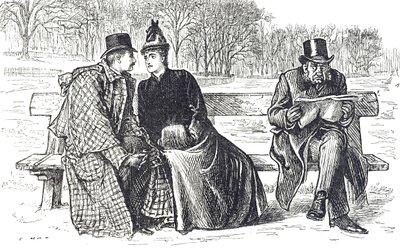 Cartoon depicting a couple exchanging endearments on a park bench, with a disapproving onlooker by George du Maurier