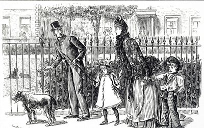 Cartoon depicting a family walking the streets of Victorian London by George du Maurier