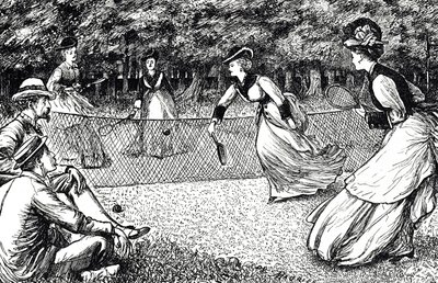 Cartoon depicting a game of lawn tennis by George du Maurier