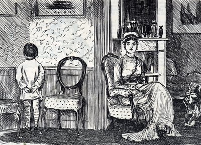 Cartoon depicting a mother punishing her son by making him stand facing the wall by George du Maurier