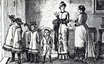 Cartoon depicting a mother with her brood by George du Maurier
