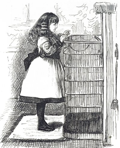 Cartoon depicting a young girl standing in front of a large fireguard by George du Maurier