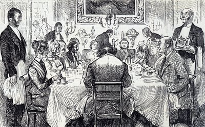 Cartoon depicting an elegant soirée in a Victorian home by George du Maurier