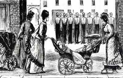 Cartoon depicting nursemaids wheeling their carriages past the barracks by George du Maurier