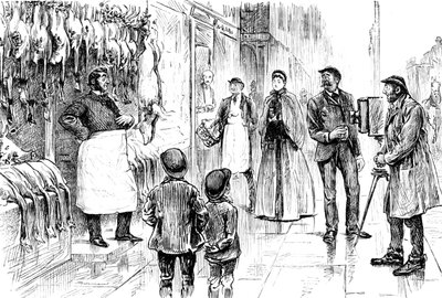 Engraving Depicting a Butcher and Poulterer Being Photographed in Front of His Christmas Display by George du Maurier by George du Maurier