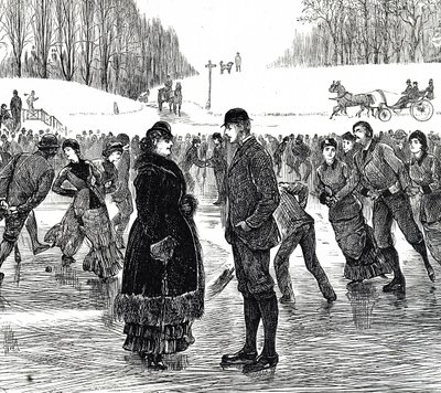 Engraving depicting a middle-aged couple ice skating by George du Maurier