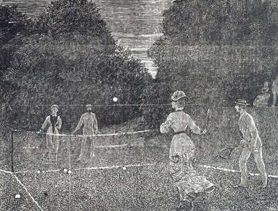 Engraving depicting the use of white phosphorus paint recommended to tennis players by George du Maurier