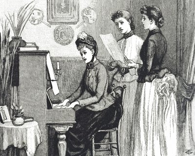 Engraving depicting young ladies singing in the drawing room by George du Maurier
