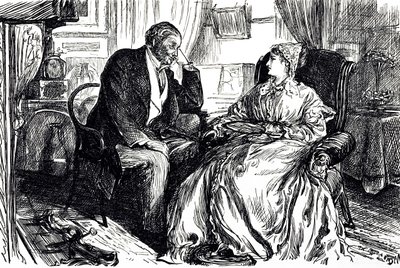 Cartoon Illustrating a Man and Woman in Conversation About the Calming Benefits of Cod Liver Oil. England 1869 by George du Maurier