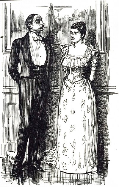 Cartoon illustrating a man and woman in conversation at a society event, England 1891 by George du Maurier