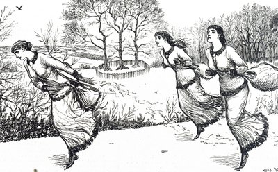 Illustration depicting girls setting the trail for the hare and hounds by George du Maurier